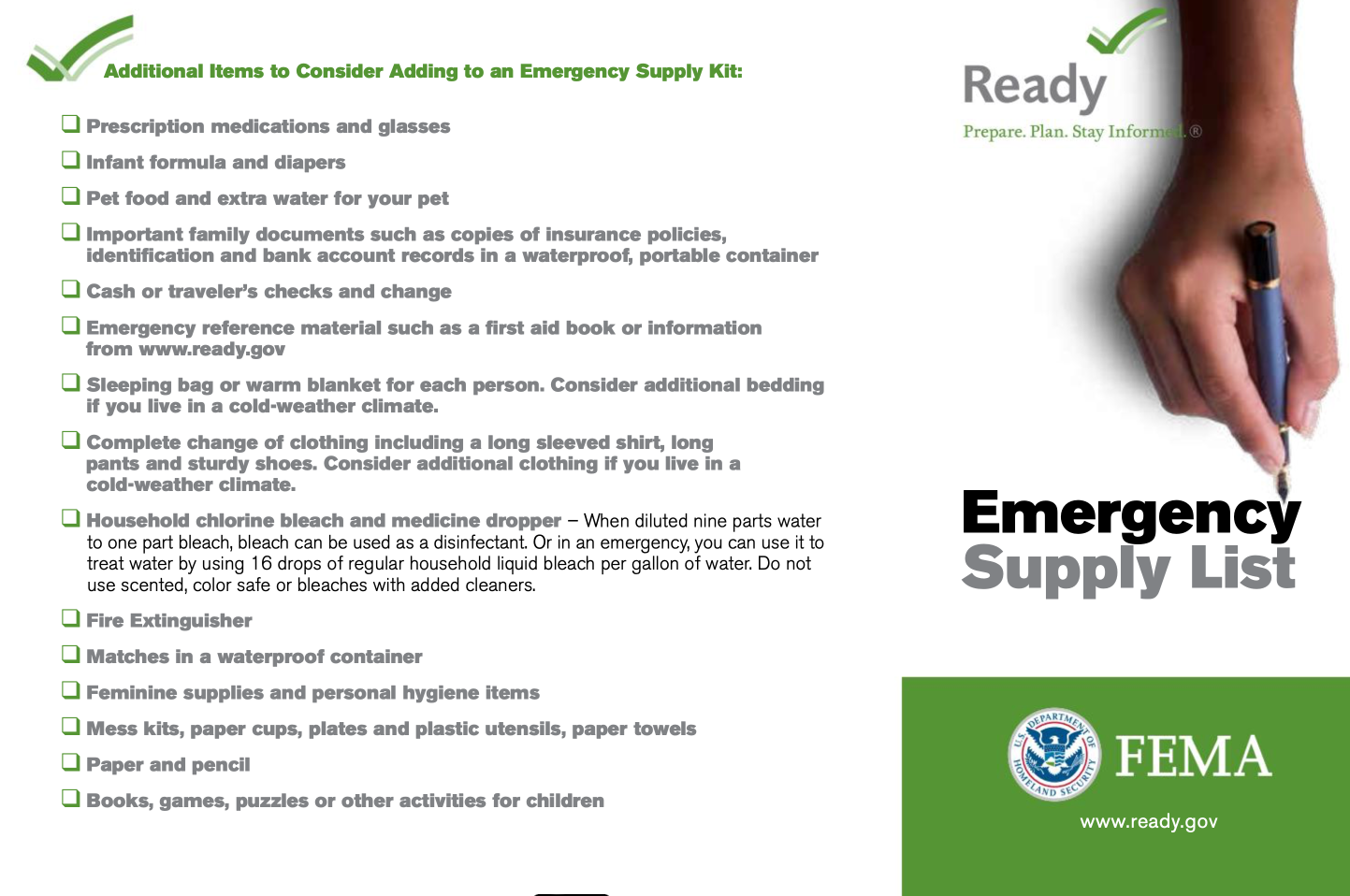 FEMA emergency supply list